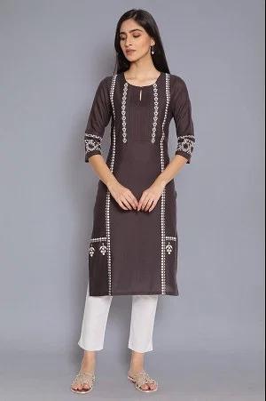 dark grey printed kurta with embroidery