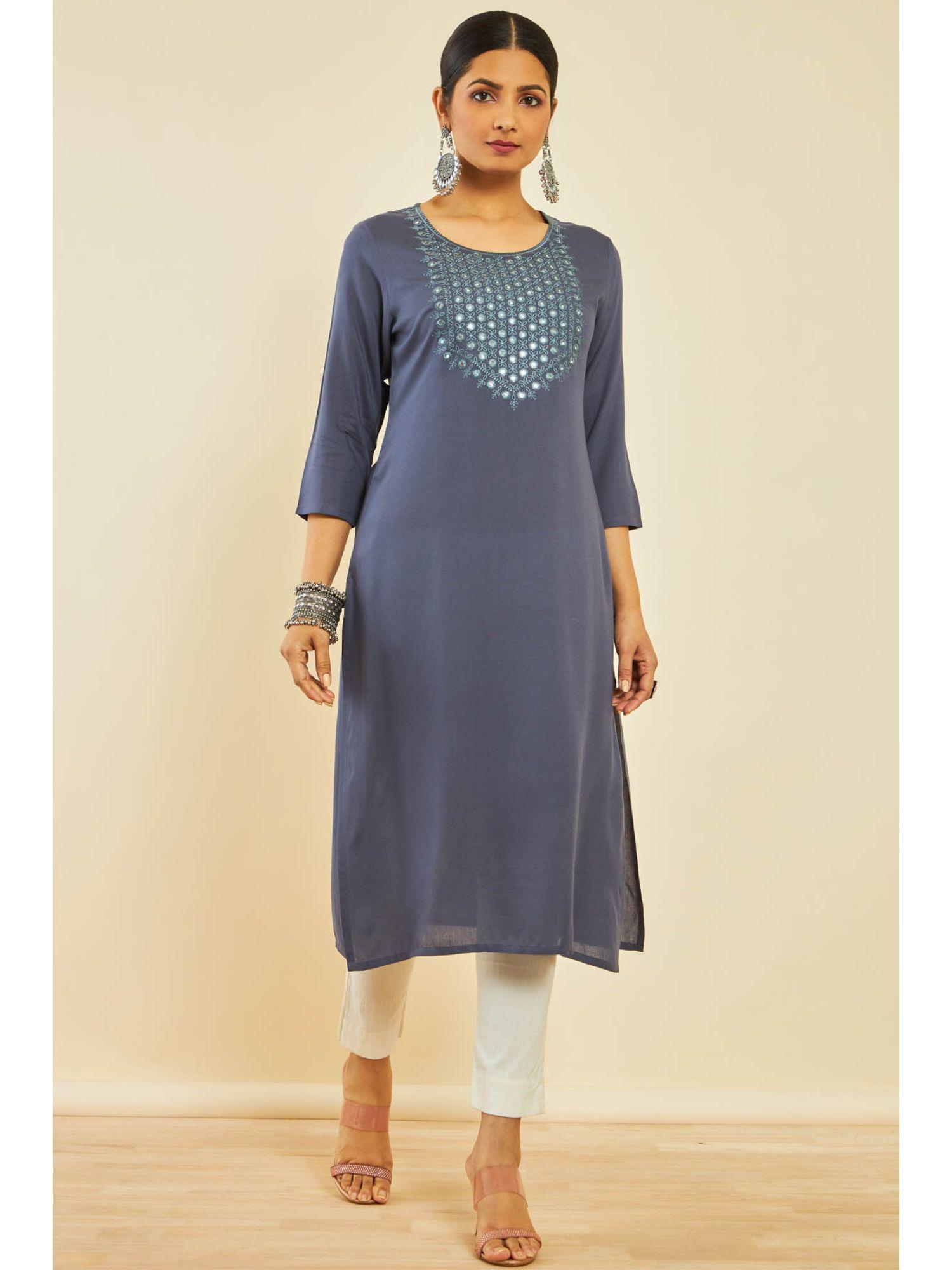 dark grey rayon embroidered kurta with faux mirror