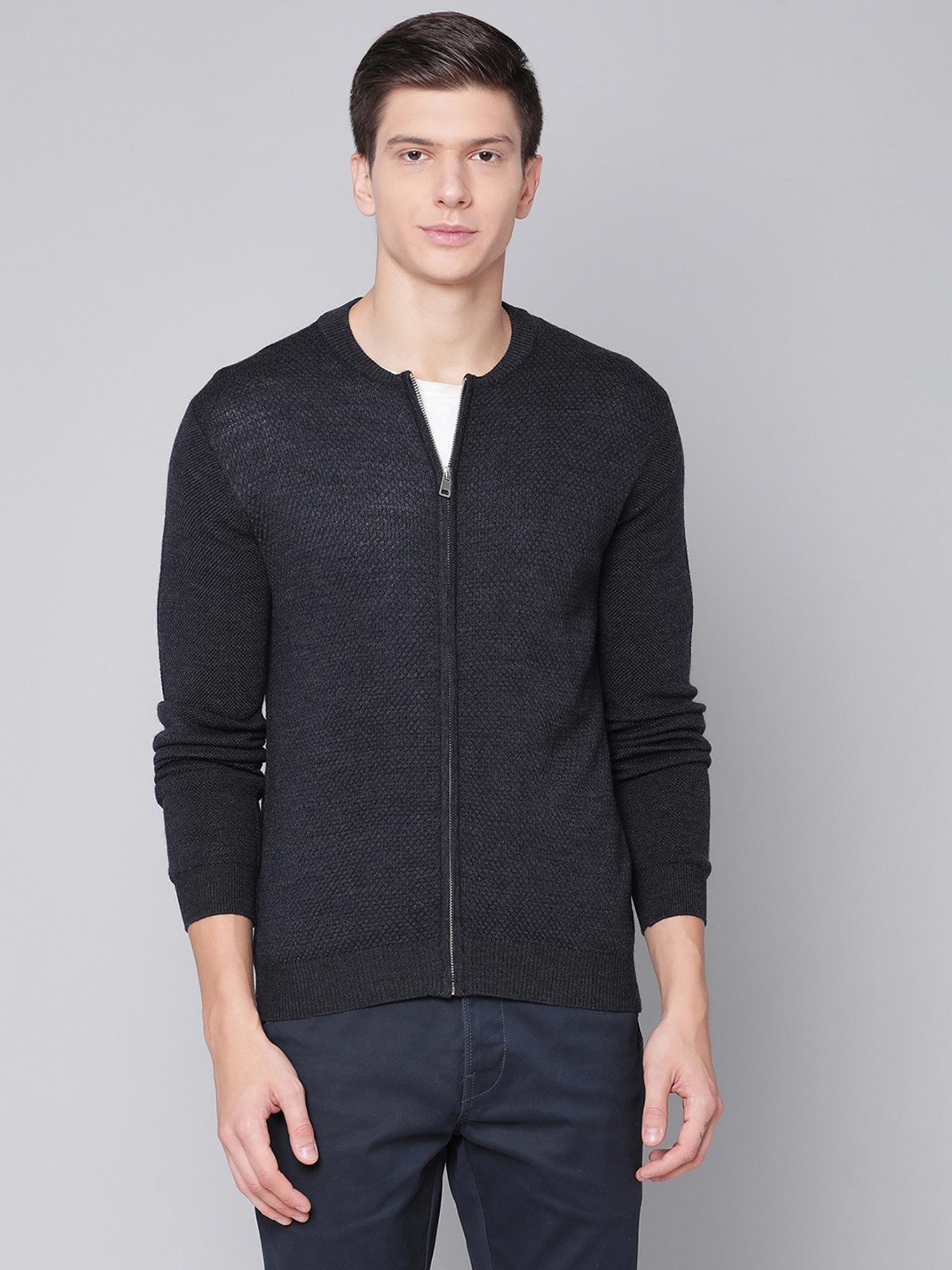 dark grey solid round neck cardigan