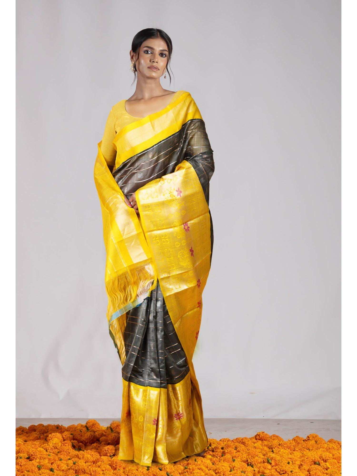 dark grey yellow pure handloom assam silk saree with unstitched blouse