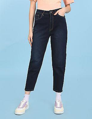 dark indigo high rise rinsed mom fit jeans