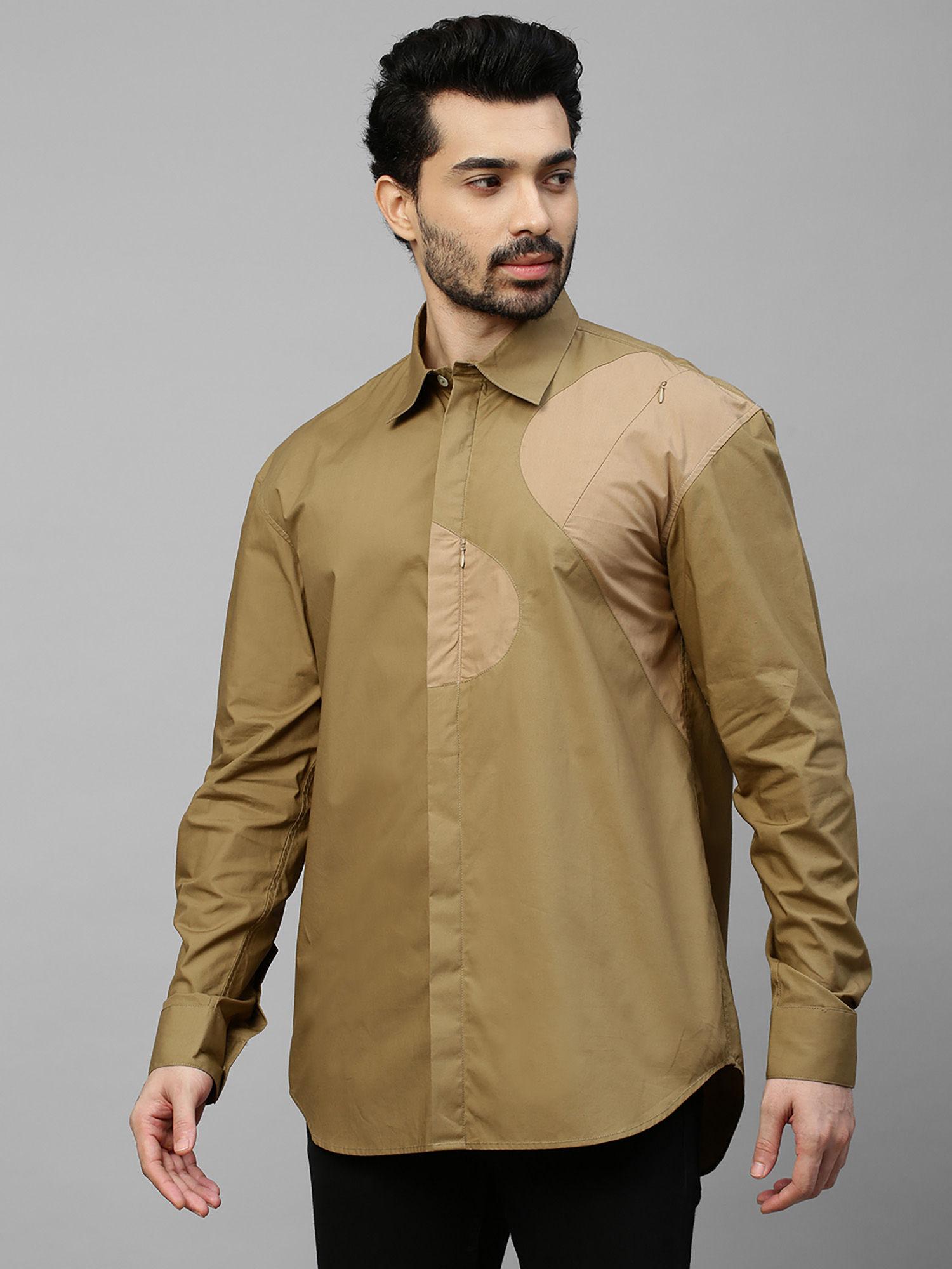 dark khaki shirt with light khaki patch on shoulder and concealed zipper