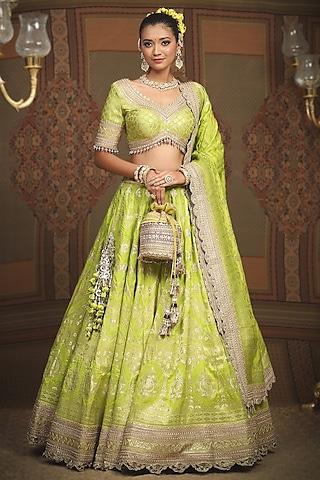 dark lemon banarasi machine embroidered lehenga set