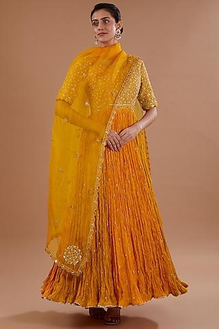 dark mango yellow pure silk marori embroidered anarkali set