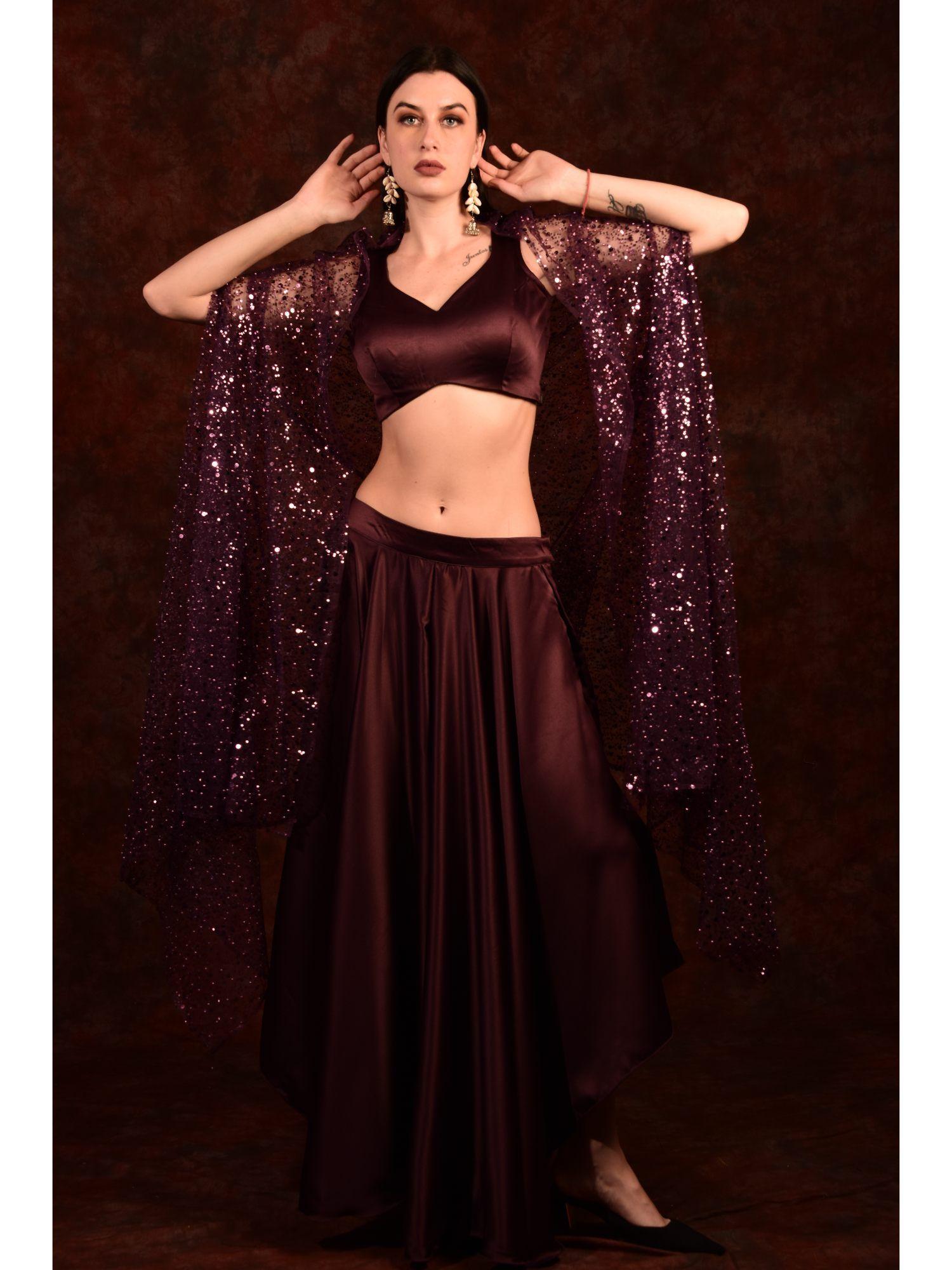 dark maroon crop top and high low palazzo with shrug (set of 3)