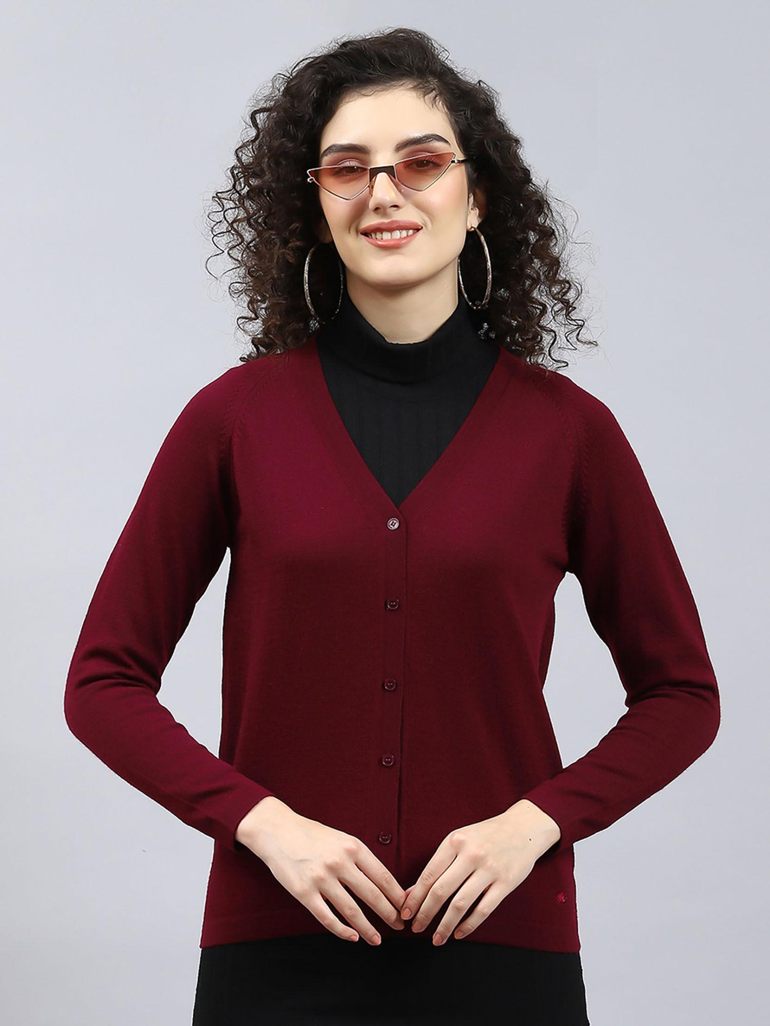 dark maroon solid v neck cardigan