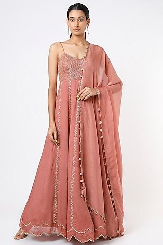 dark mauve embroidered scalloped anarkali set