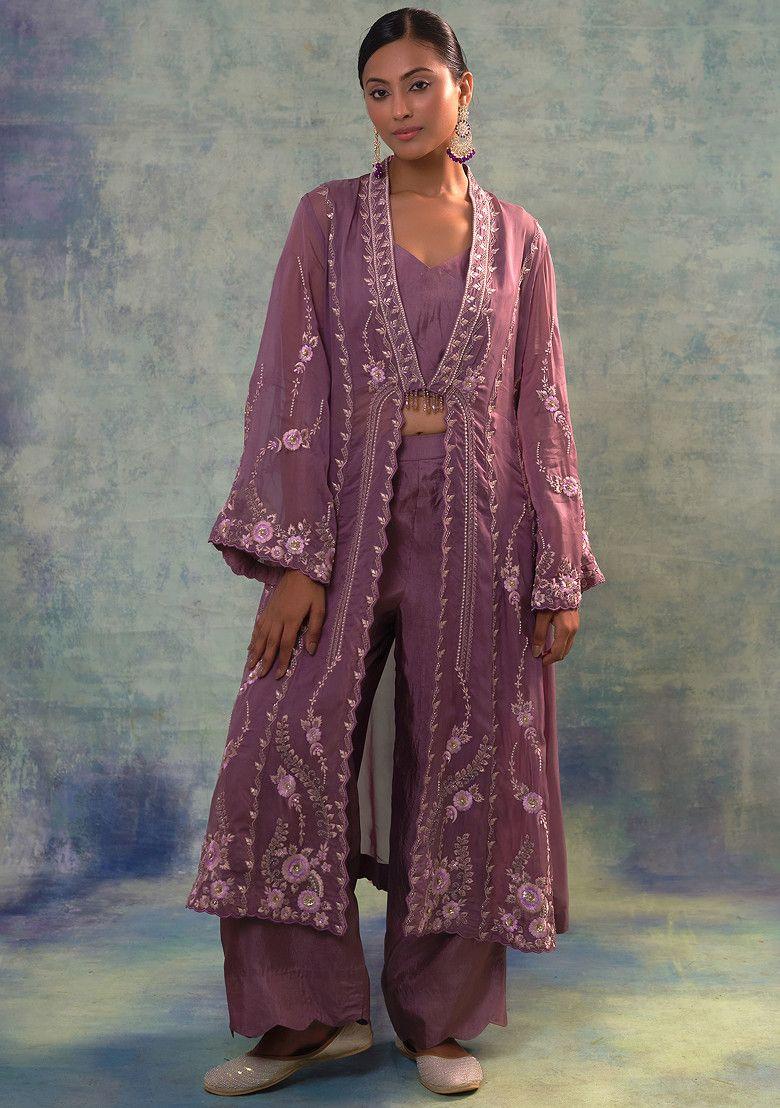 dark mauve floral organza jacket set