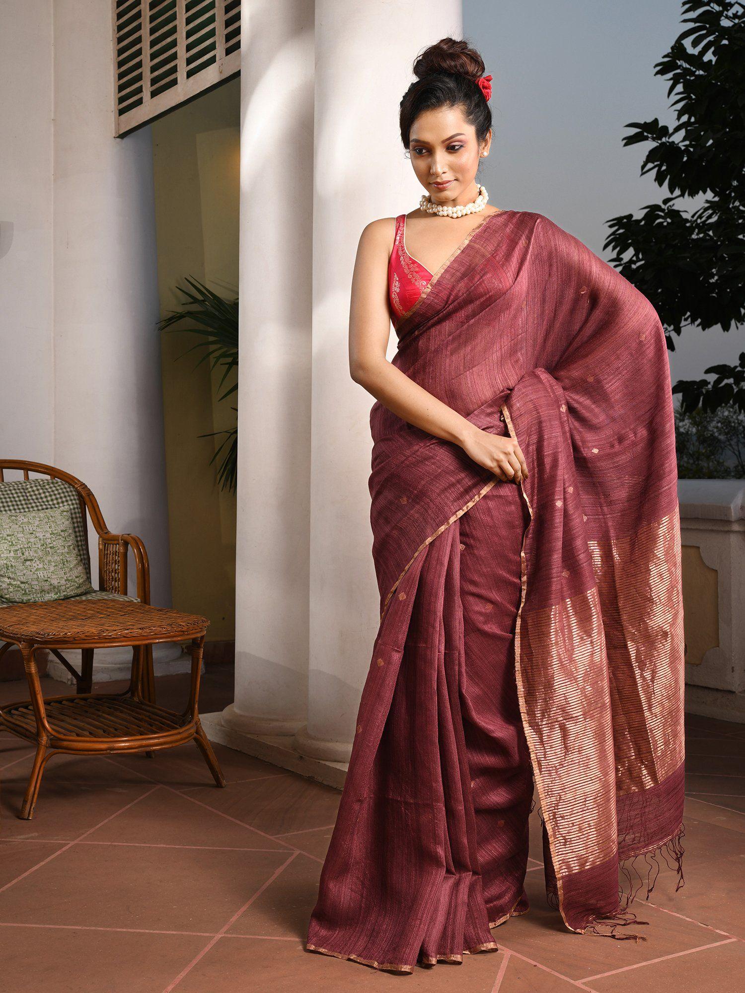 dark mauve silk matka all body buti handwoven saree with unstitched blouse