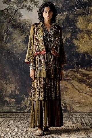 dark moss green embroidered gown with jacket