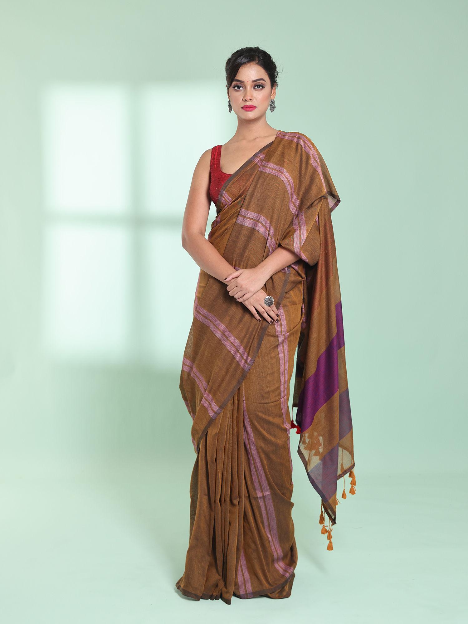 dark mustard cotton saree with stripes design with unstitched blouse