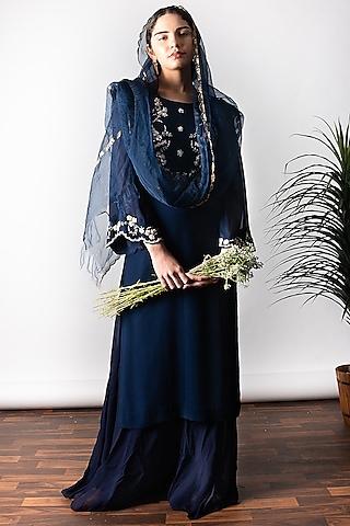 dark navy blue aari embroidered straight kurta set