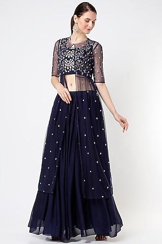 dark navy blue chiffon lehenga set