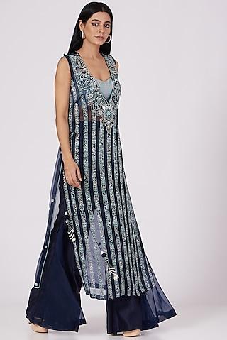 dark navy blue embroidered long kurta set