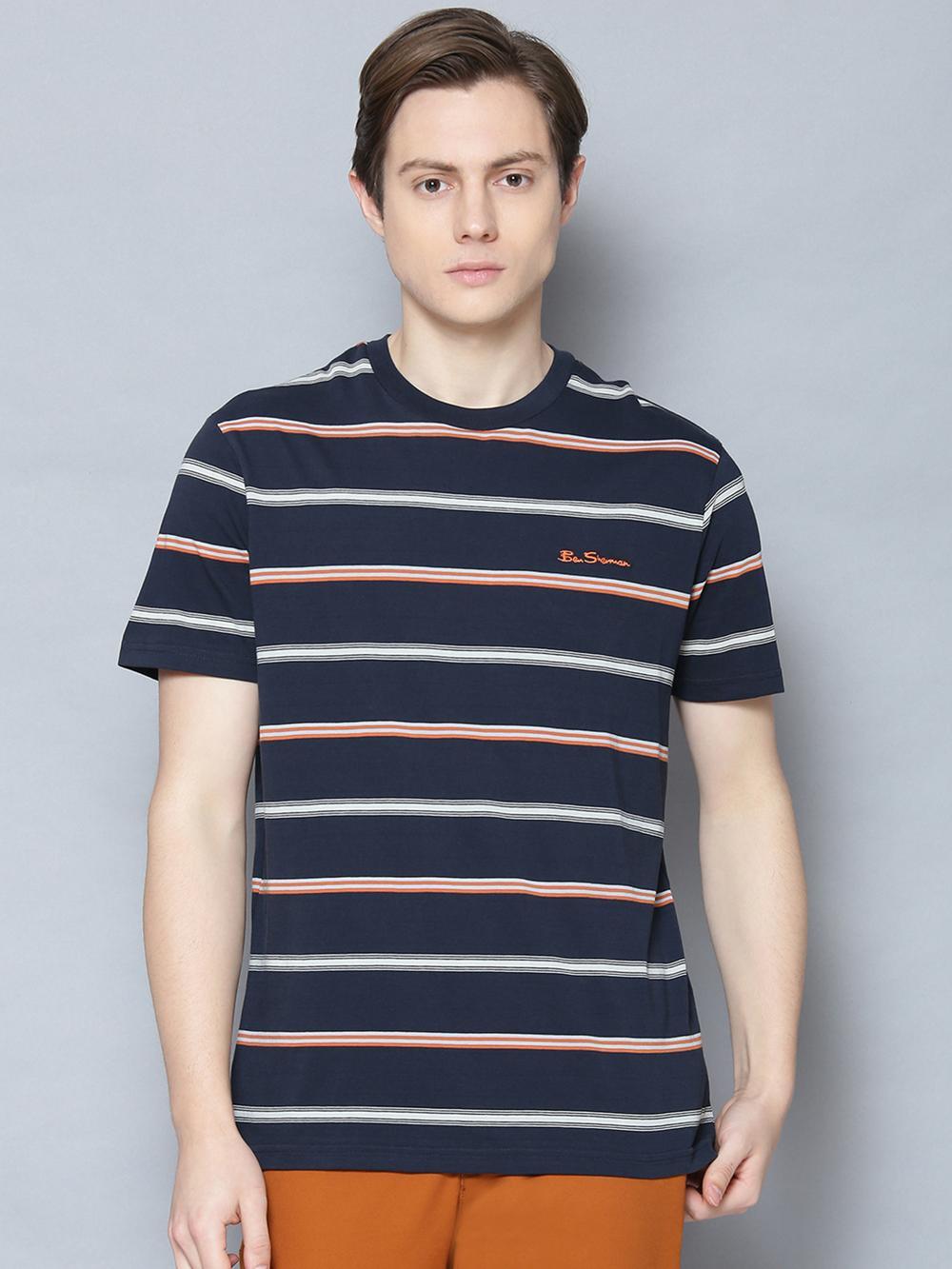 dark navy striped round neck t-shirt