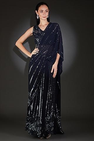 dark navy tulle embroidered handcrafted saree set