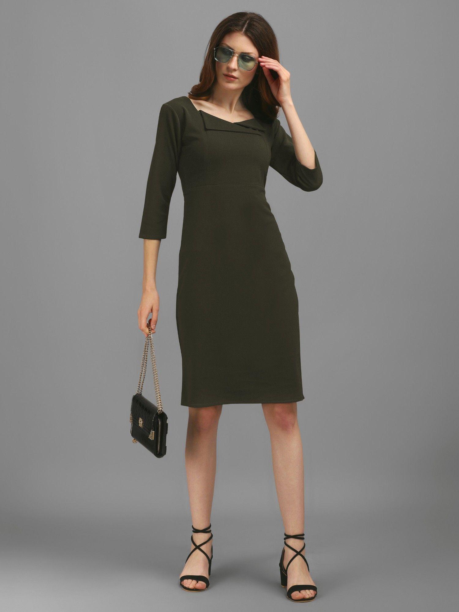 dark olive bodycon knee length dress