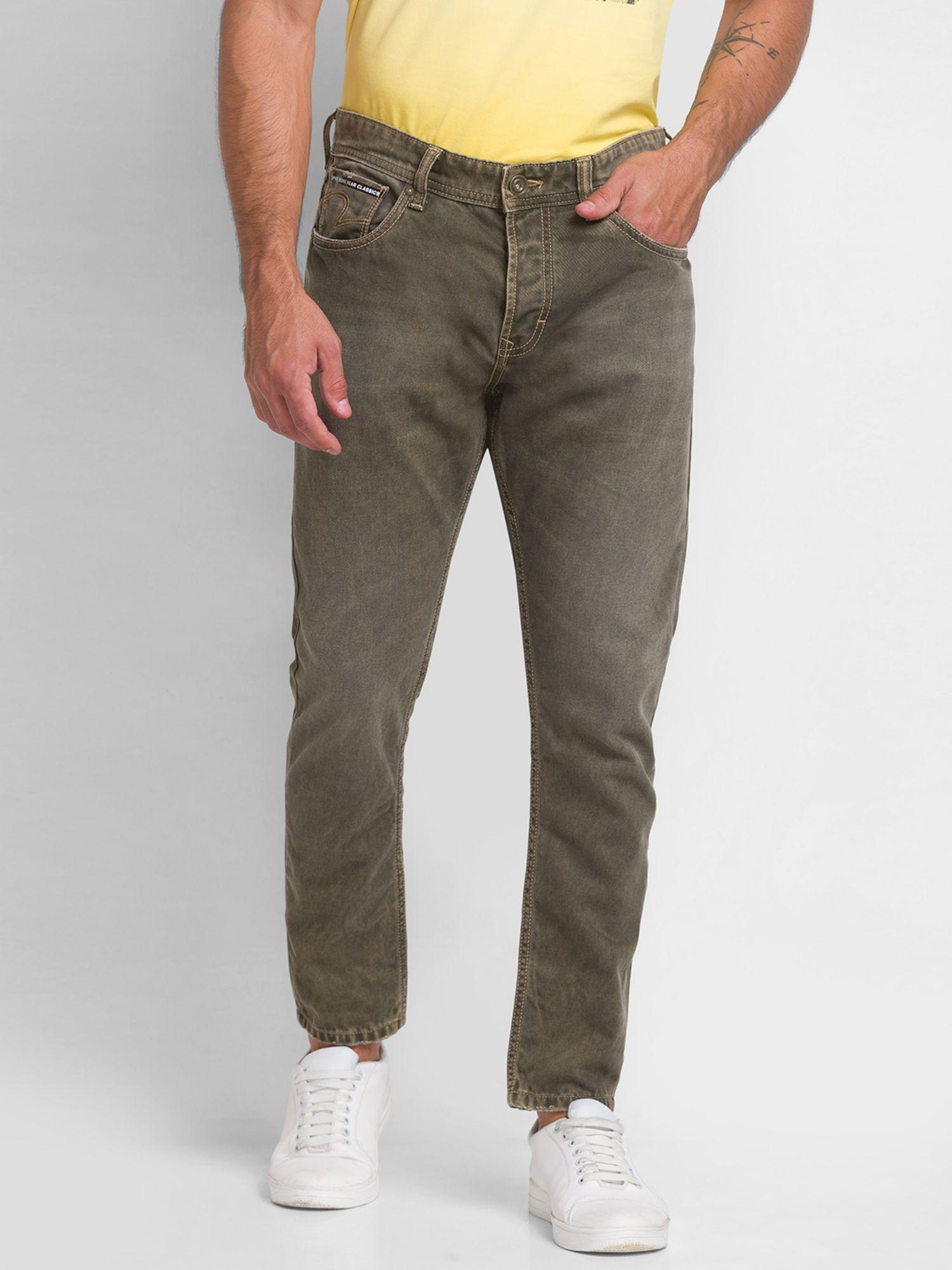 dark olive cotton slim fit tapered length jeans for men (kano)