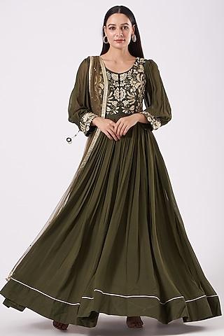 dark olive embroidered gown with dupatta