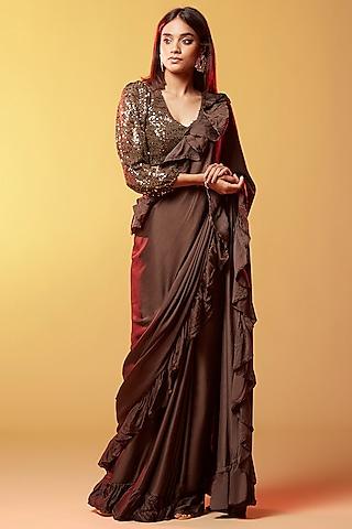 dark olive gajji silk embellished ruffled saree