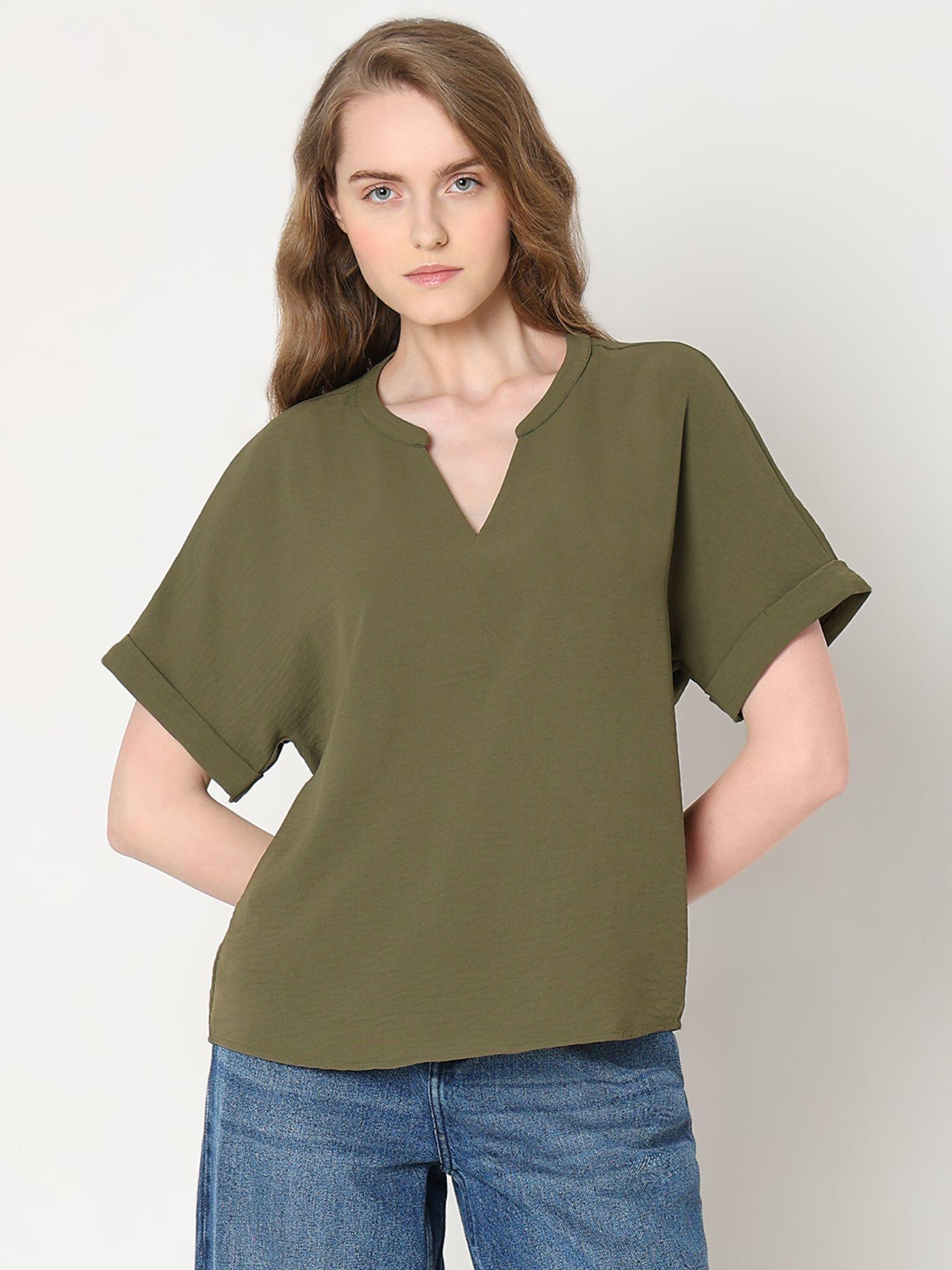 dark olive mandarin neck top