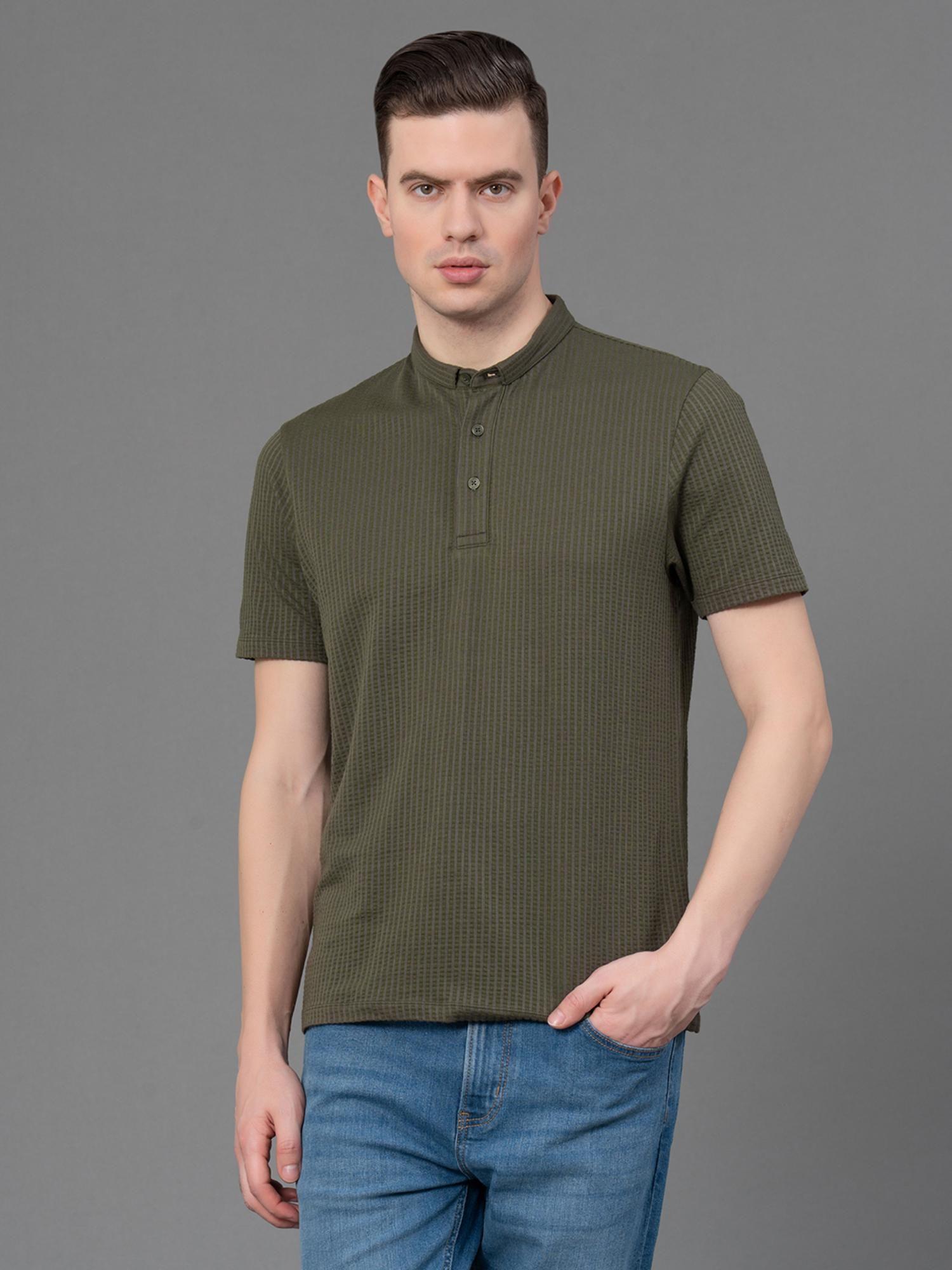 dark olive poly cotton elastane self design mens t-shirt