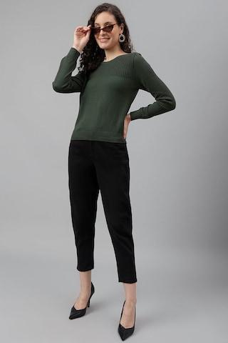 dark olive solid casual full sleeves boat neck women classic fit sweater