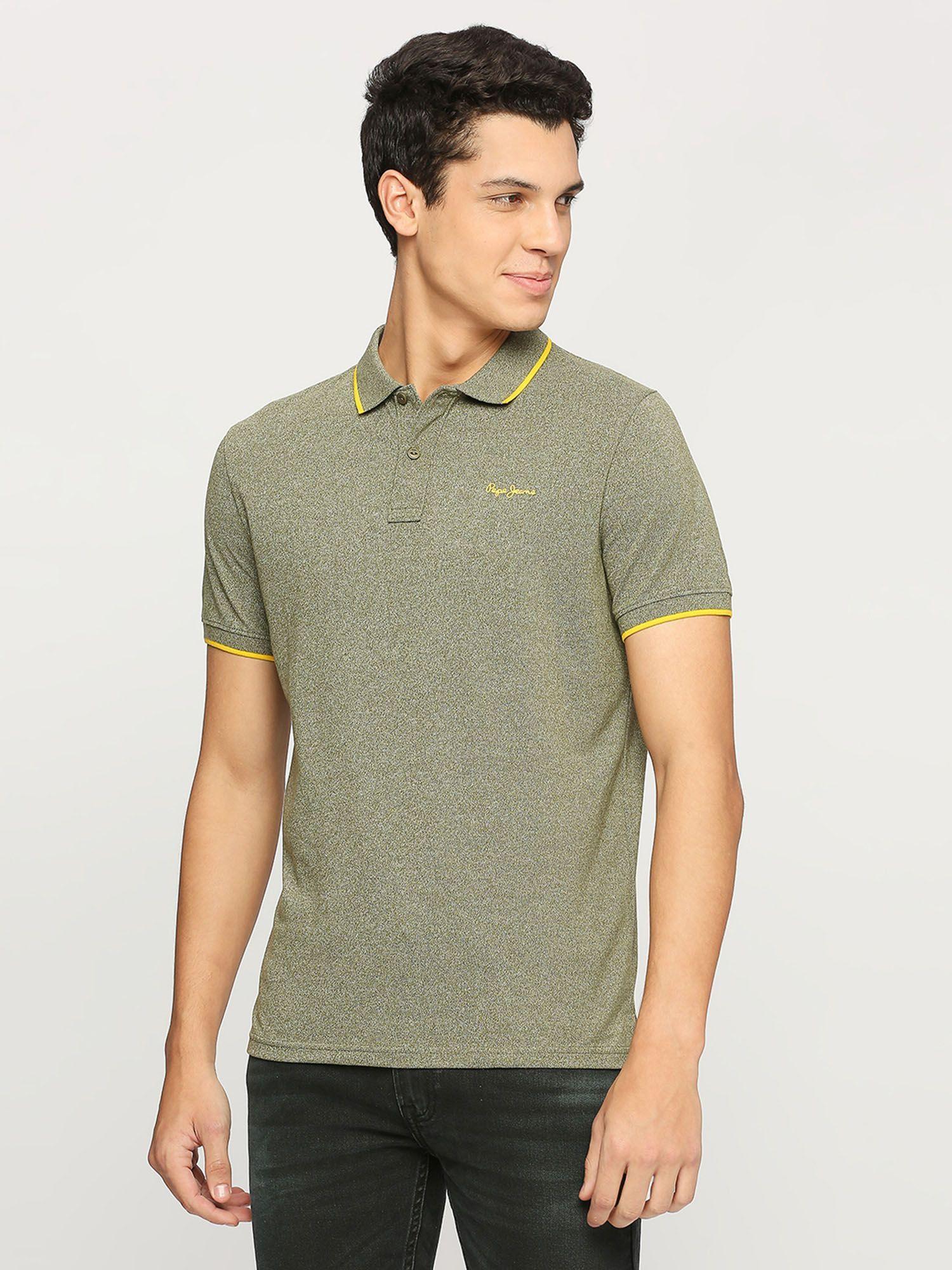 dark olive textured collar short sleeves polo t-shirt