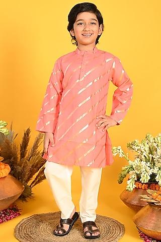 dark peach cotton blend printed kurta set for boys