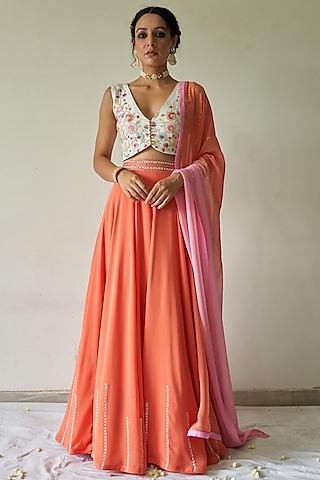 dark peach sequins hand embroidered lehenga set