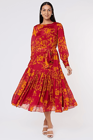 dark pink & mustard printed dress with belt