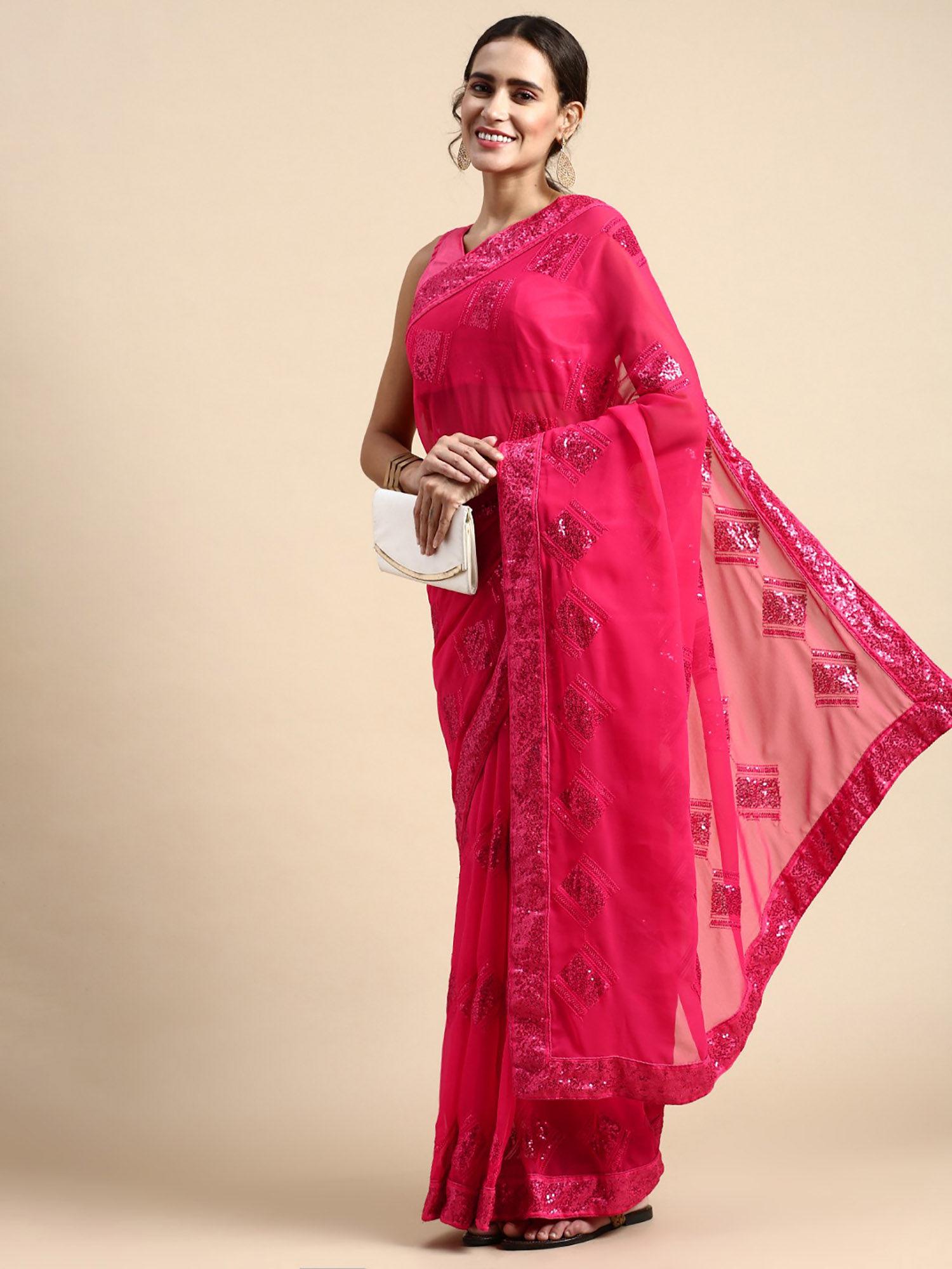 dark pink banarasi weaving silk saree with unstitched blouse