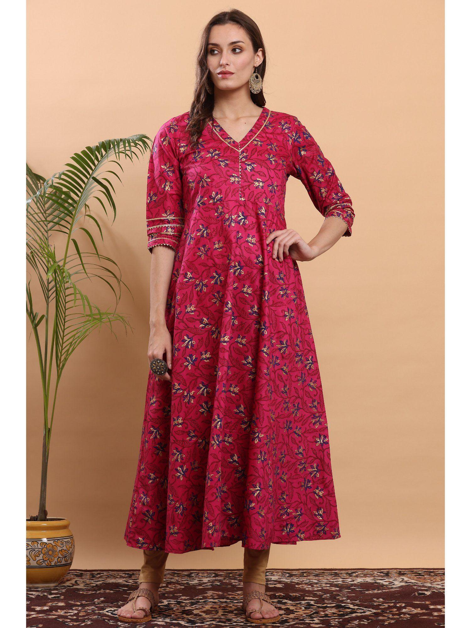 dark pink block printed anarkali