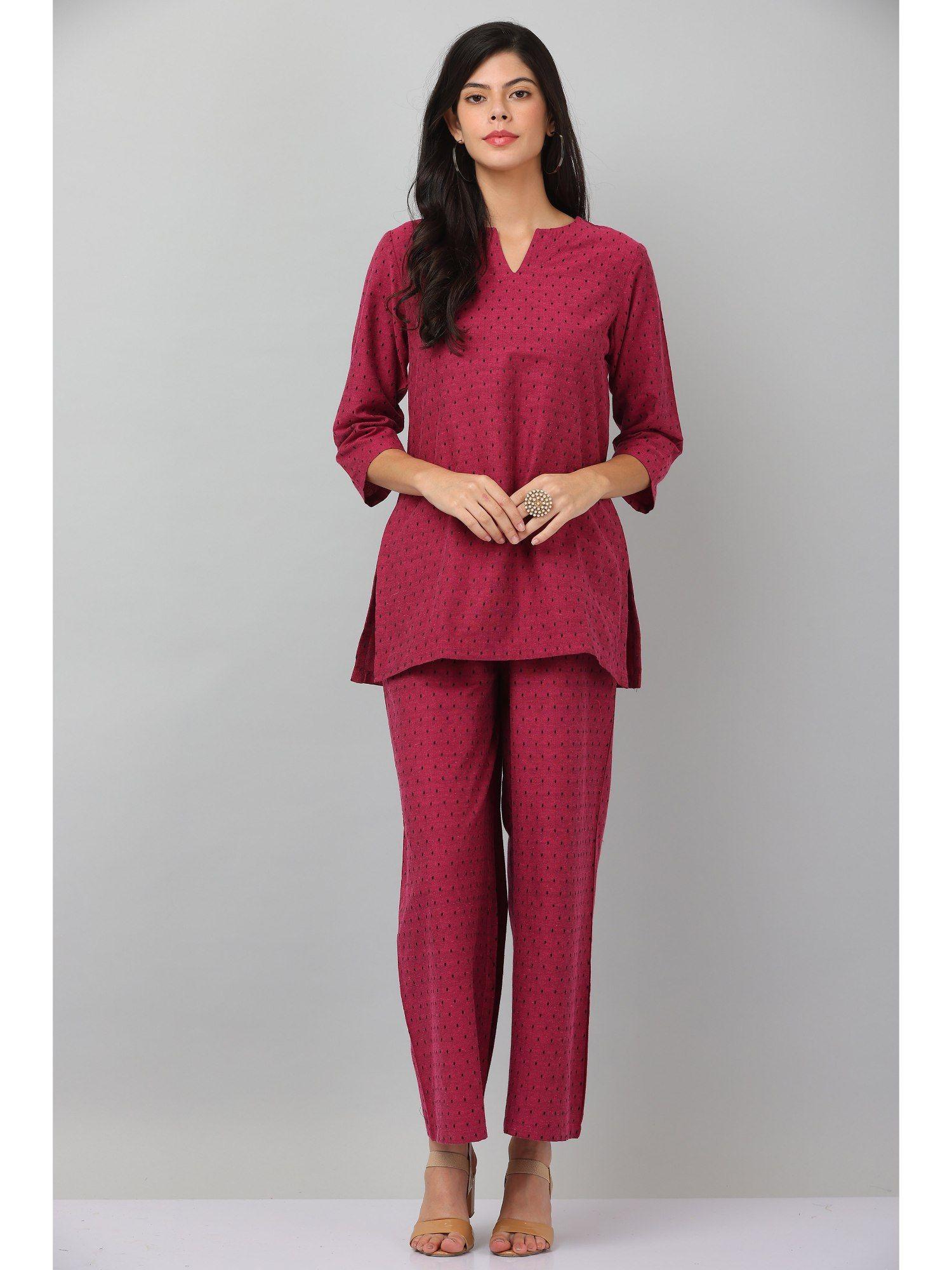 dark pink causal wear short kurta & pants (set of 2)