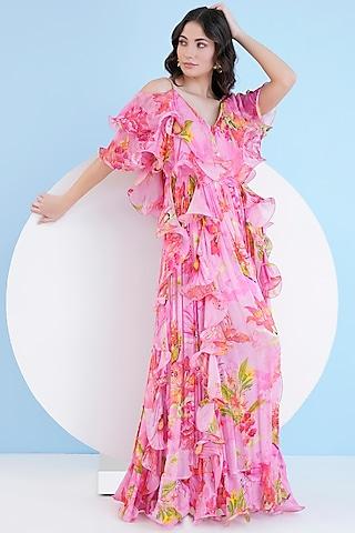 dark pink chiffon printed ruffled maxi dress