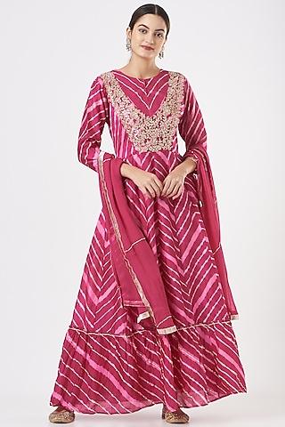 dark pink embroidered & printed anarkali set