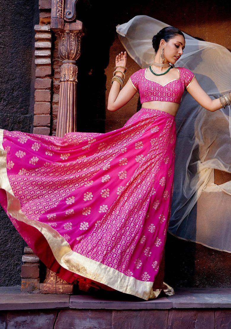 dark pink floral foil print lehenga skirt