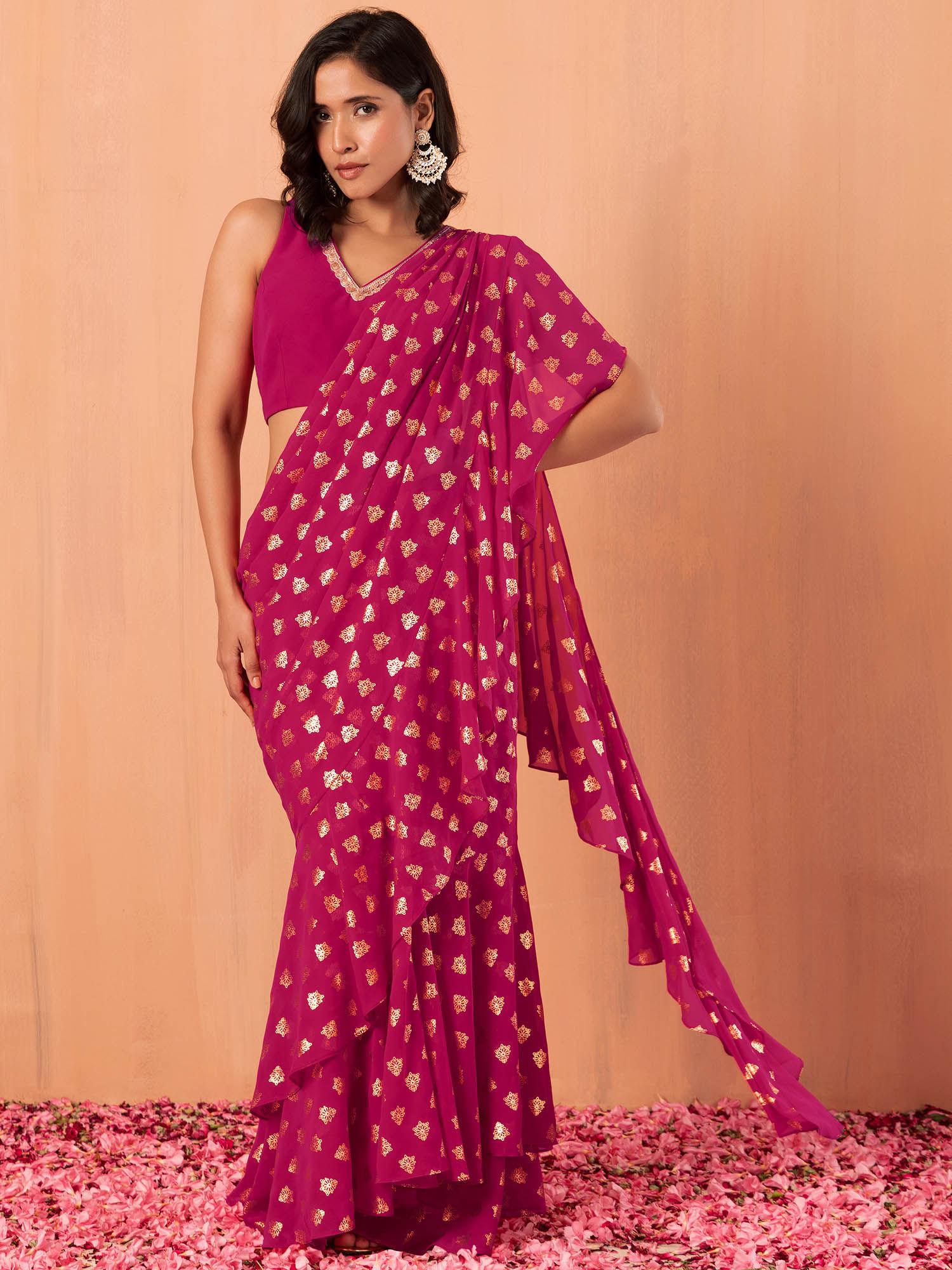 dark pink foil print ready to wear stitched ruffled saree without blouse