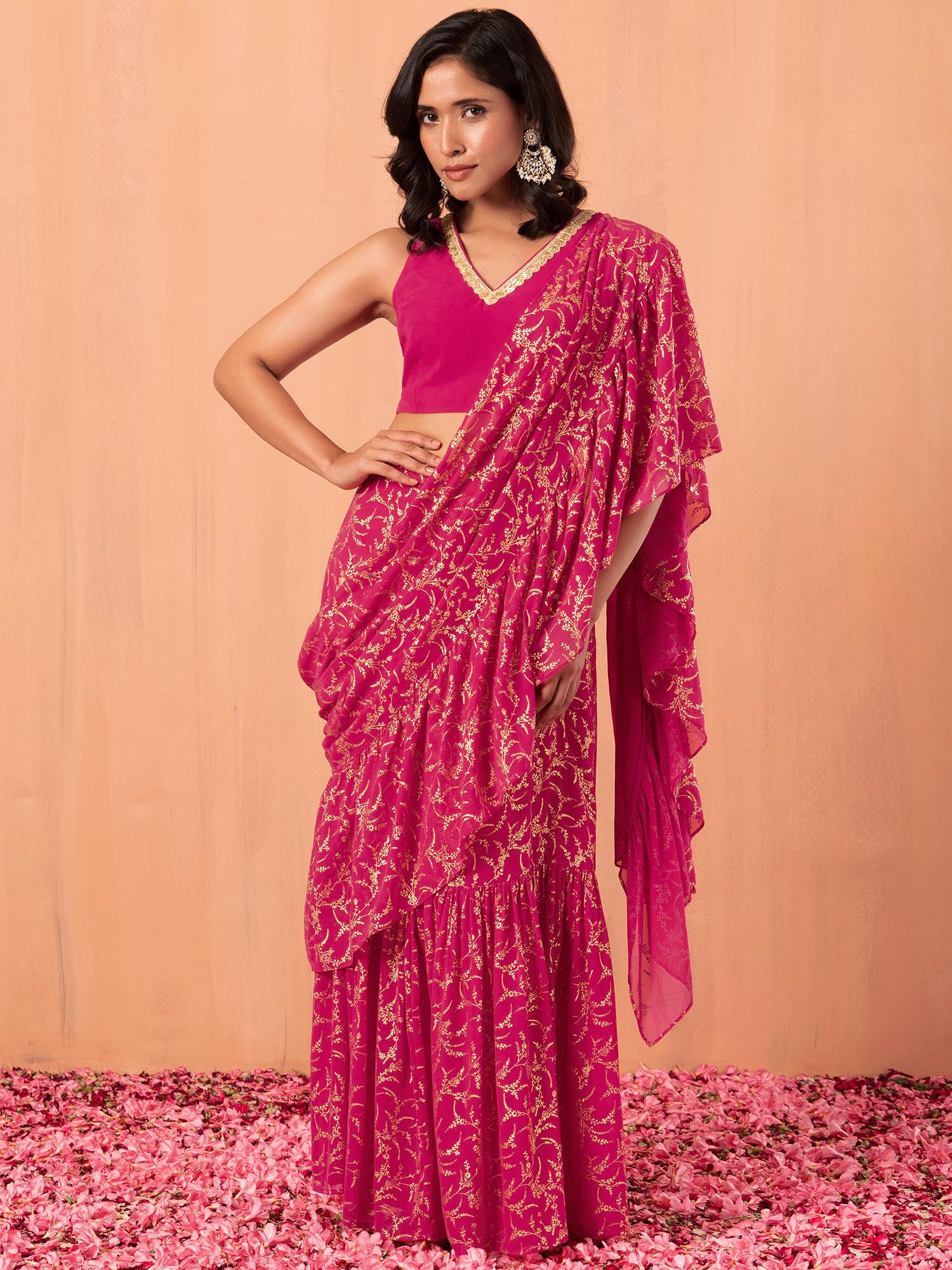 dark pink foil print ruffled ready to wear saree without blouse