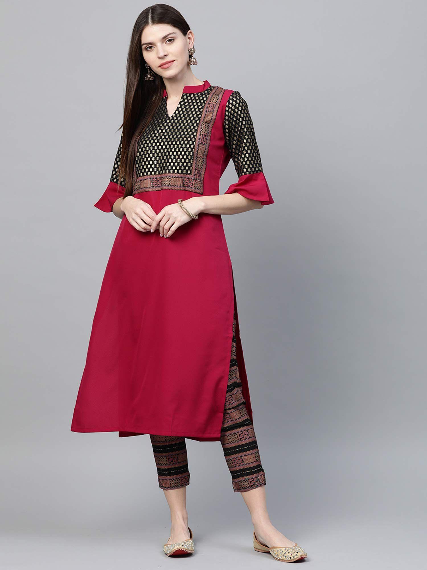 dark pink foil print straight crepe kurta