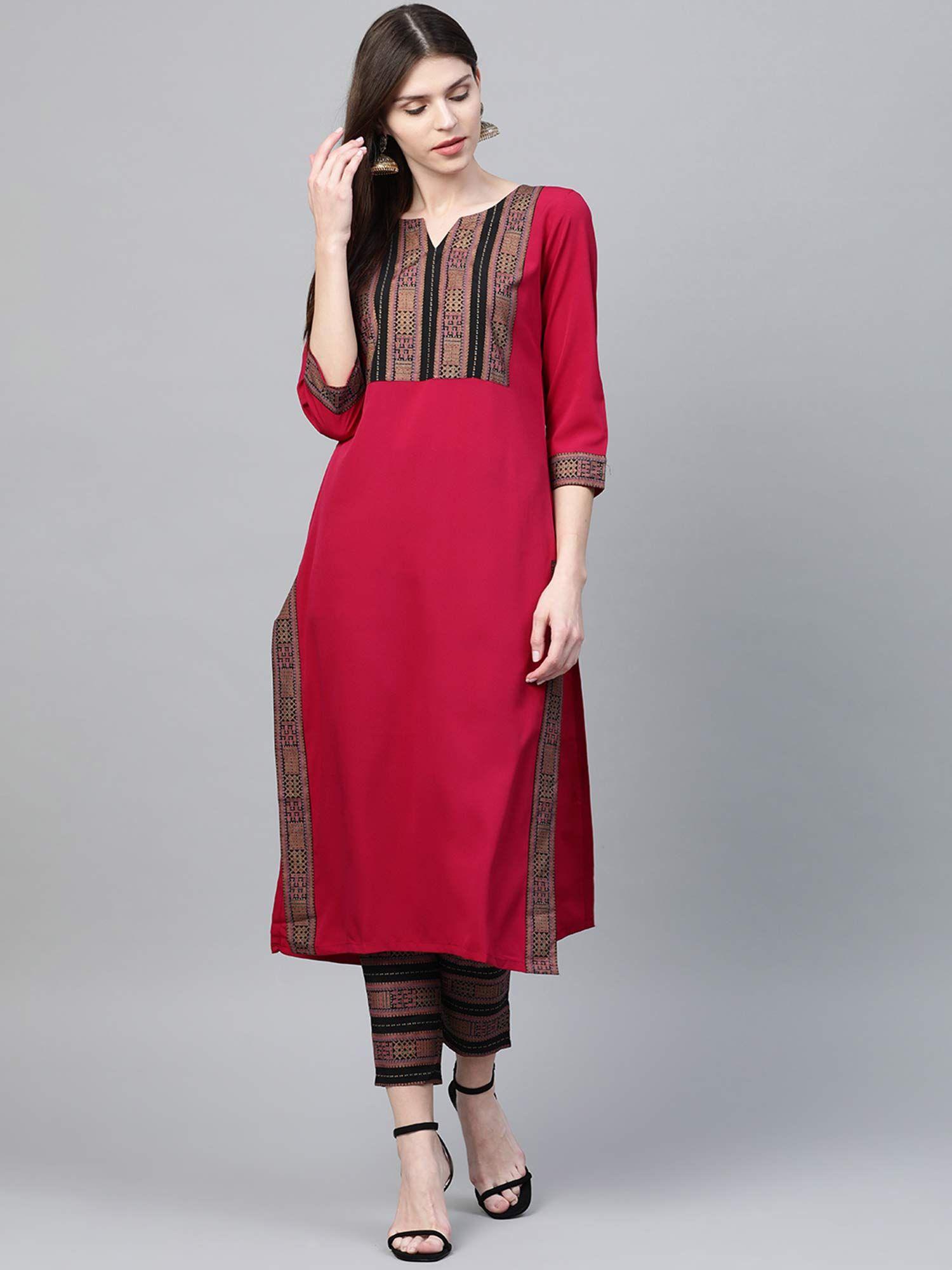 dark pink foil print straight crepe kurta