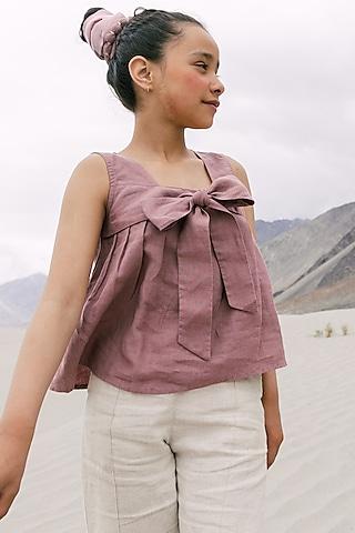 dark pink linen bow top for girls