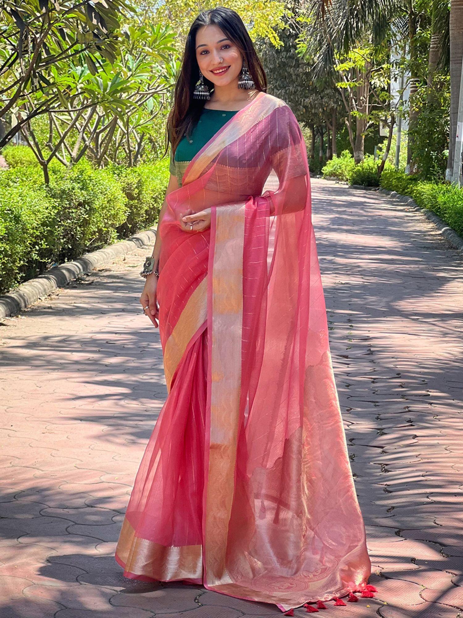 dark pink pure viscose organza saree with unstitched blouse