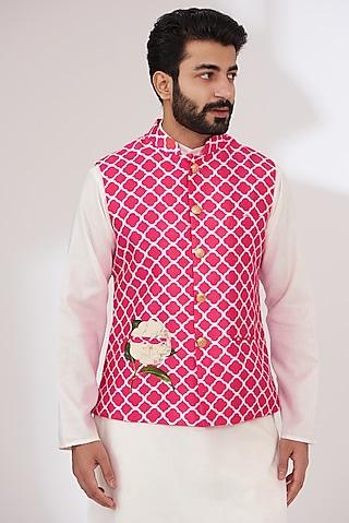 dark pink raw silk printed nehru jacket