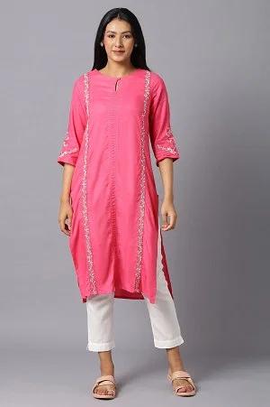 dark pink rayon kurta with multicolour embroidery