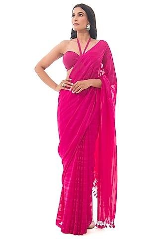 dark pink satin georgette handloom striped saree set