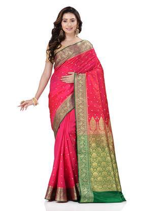 dark pink satin silk solid banarasi saree with beautiful embroidery and stone work in body and border - dark pink