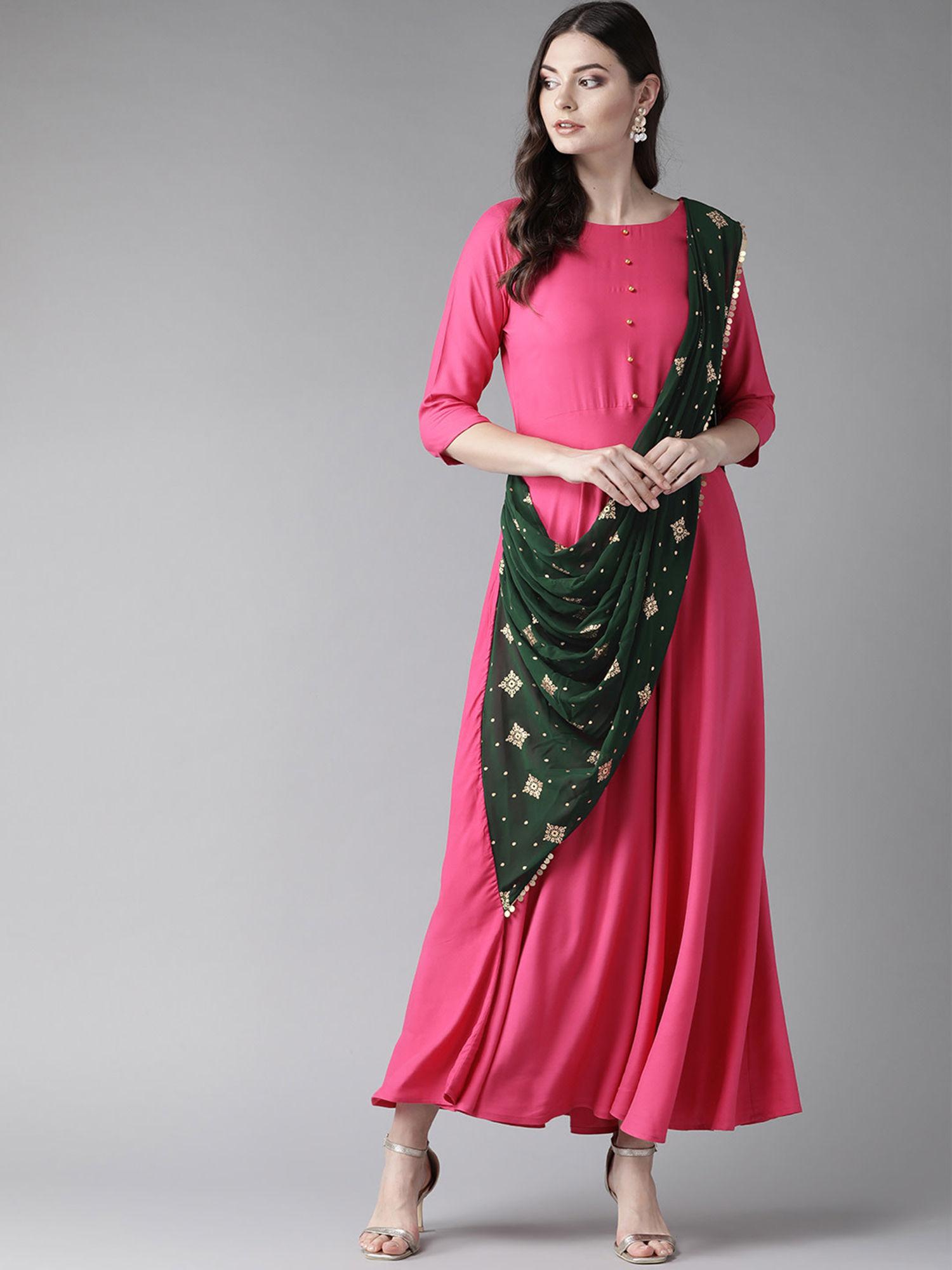 dark pink solid dress with attached dupatta