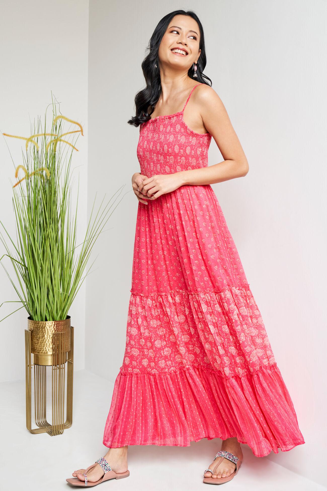 dark pink solid gathered fit and flare gown