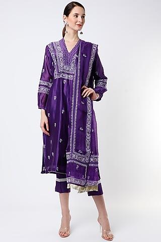 dark plum purple embroidered straight kurta set